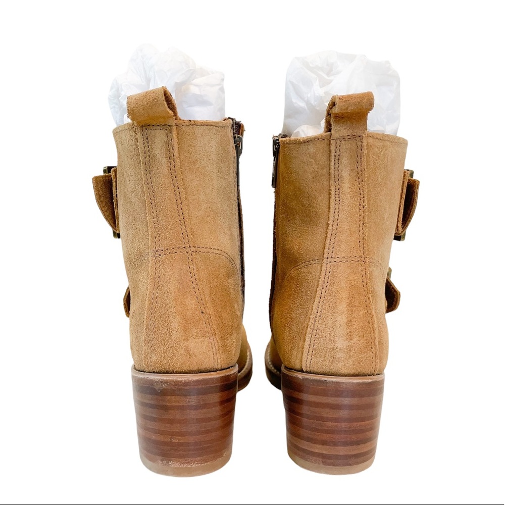 Frye Tan Suede Double-Buckle Heeled Ankle Boots - Picture 4 of 15